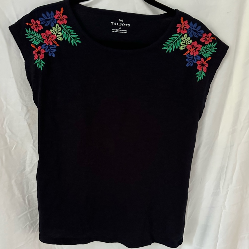 Talbots Navy Top with Colorful Floral Embroidery